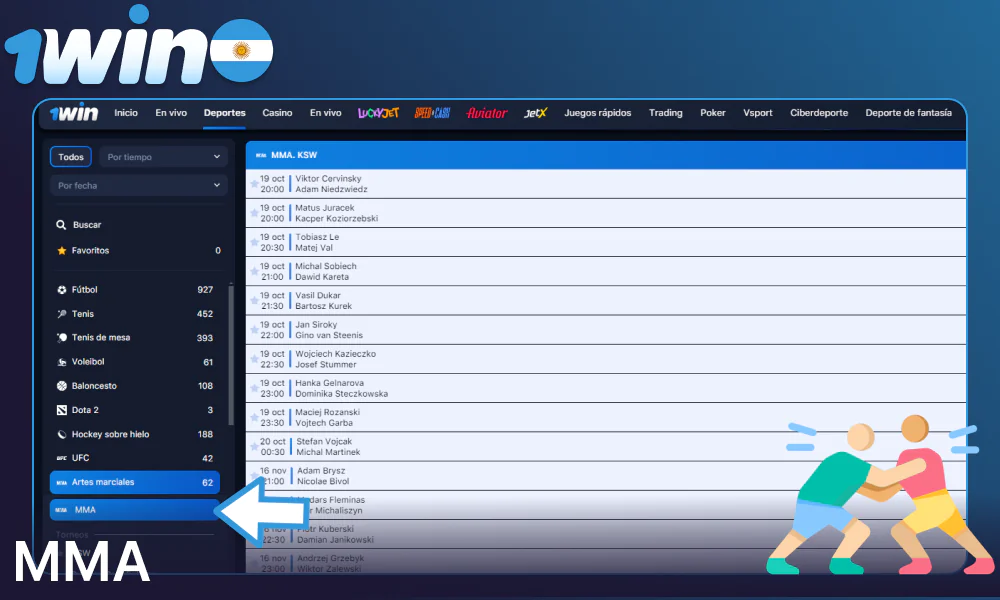 Opciones de apuestas de MMA en 1win Argentina