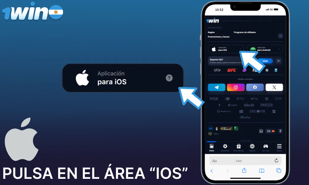 Pulsa en el área “iOS” para instalar la aplicación 1win